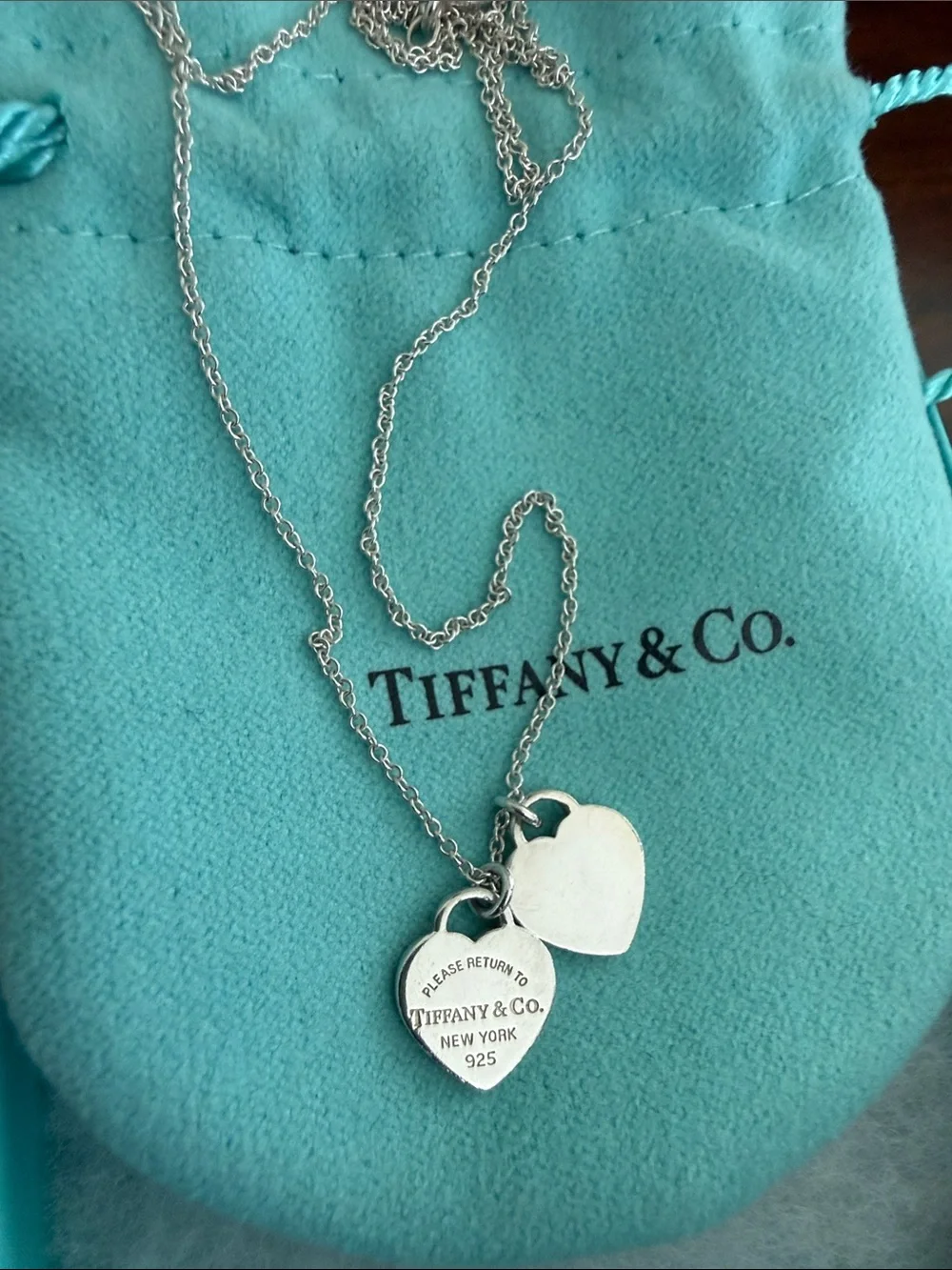 Tiffany & Co. Sterling Silver Double Heart Necklace on Blue Pouch